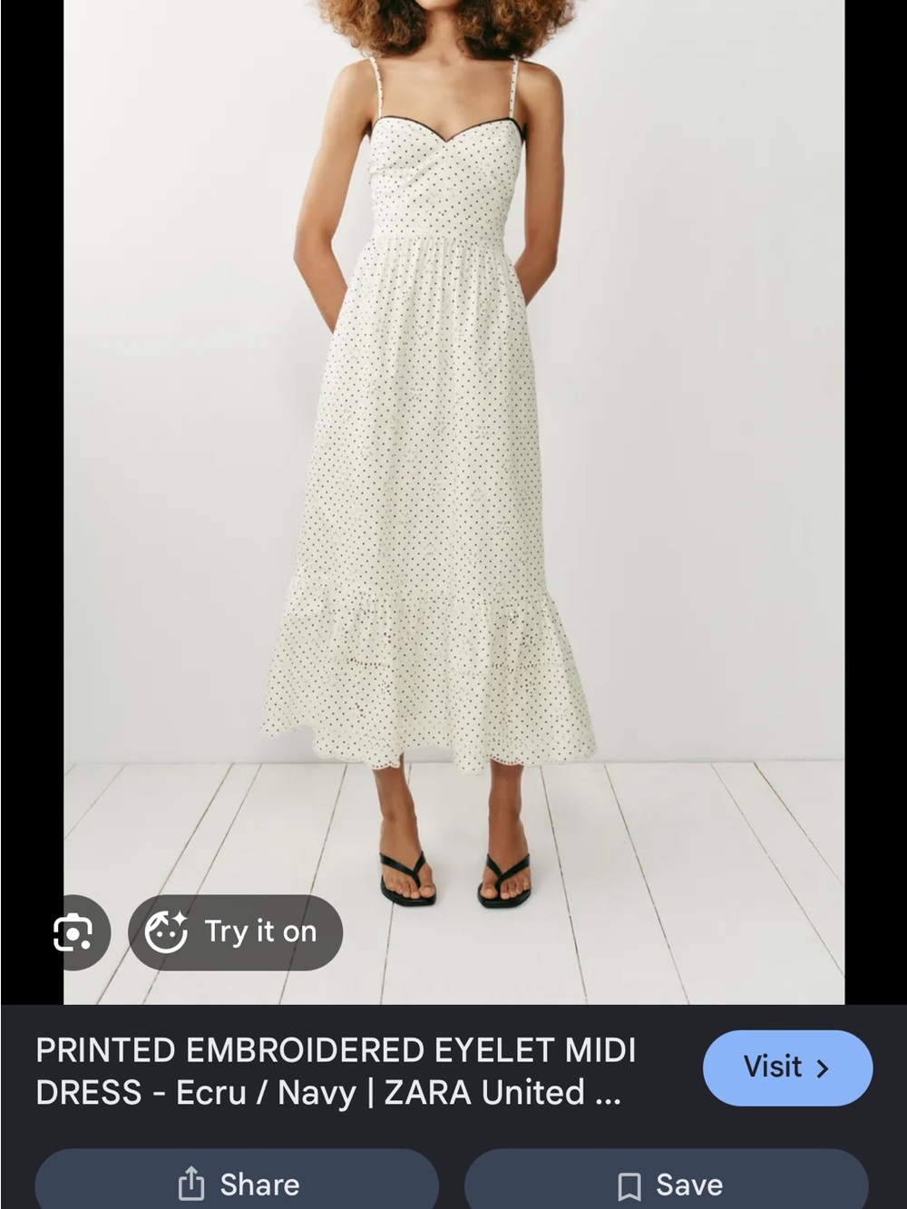 Zara Ecru Midi Dress with Navy Polka Dots